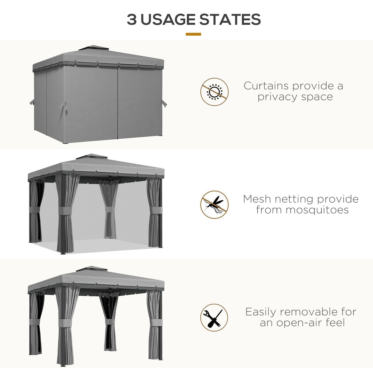 10' x 10' 2-Tier Outdoor Gazebo Canopy Tent with Zippered Mesh Sidewalls, Aluminum Frame for Patio, Backyard Light Grey