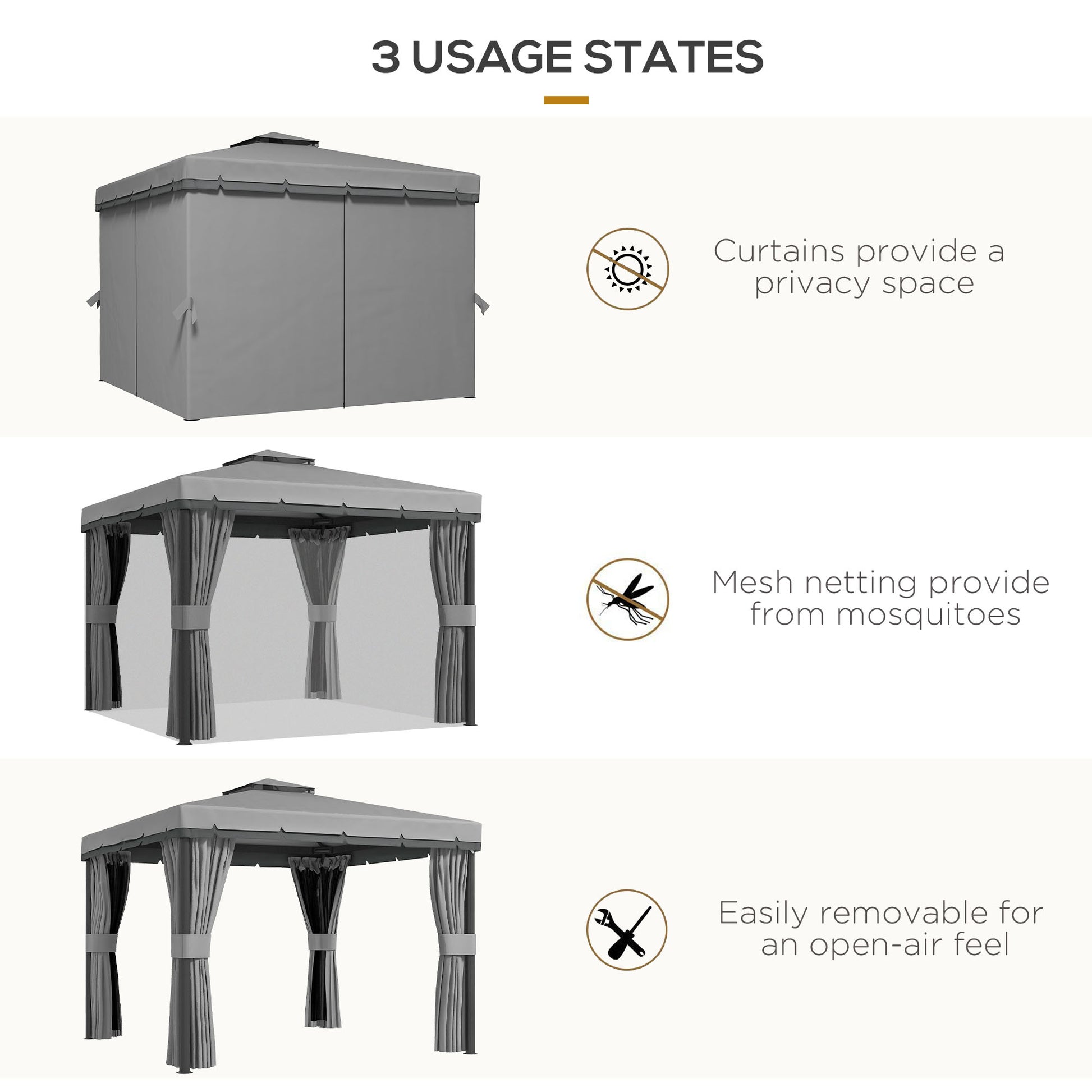 10' x 10' 2-Tier Outdoor Gazebo Canopy Tent with Zippered Mesh Sidewalls, Aluminum Frame for Patio, Backyard Light Grey