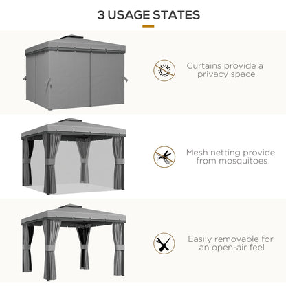 10' x 10' 2-Tier Outdoor Gazebo Canopy Tent with Zippered Mesh Sidewalls, Aluminum Frame for Patio, Backyard Light Grey