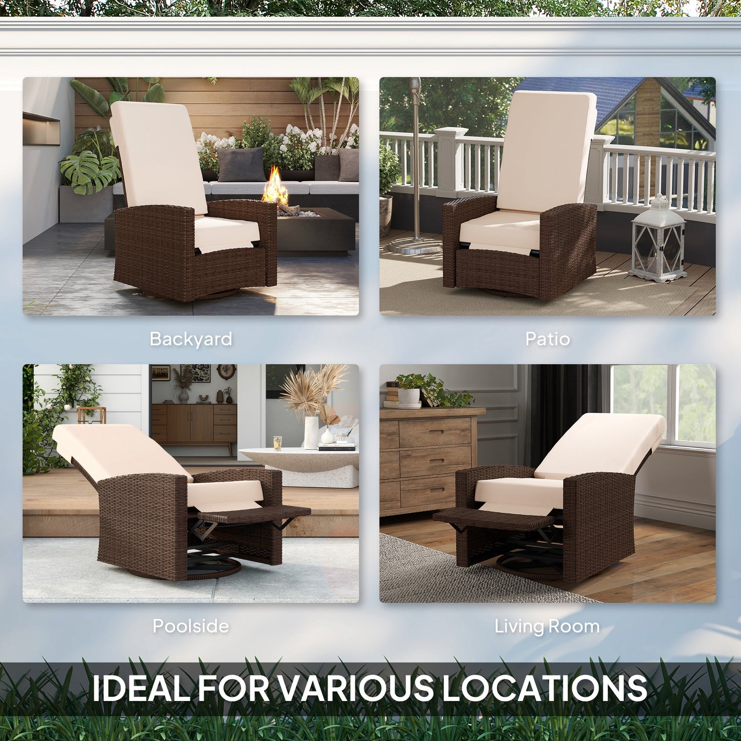 Outdoor Rattan Wicker Lounge Chair with Footrest & Soft Cushion for Patio, Garden, Backyard, Cream White