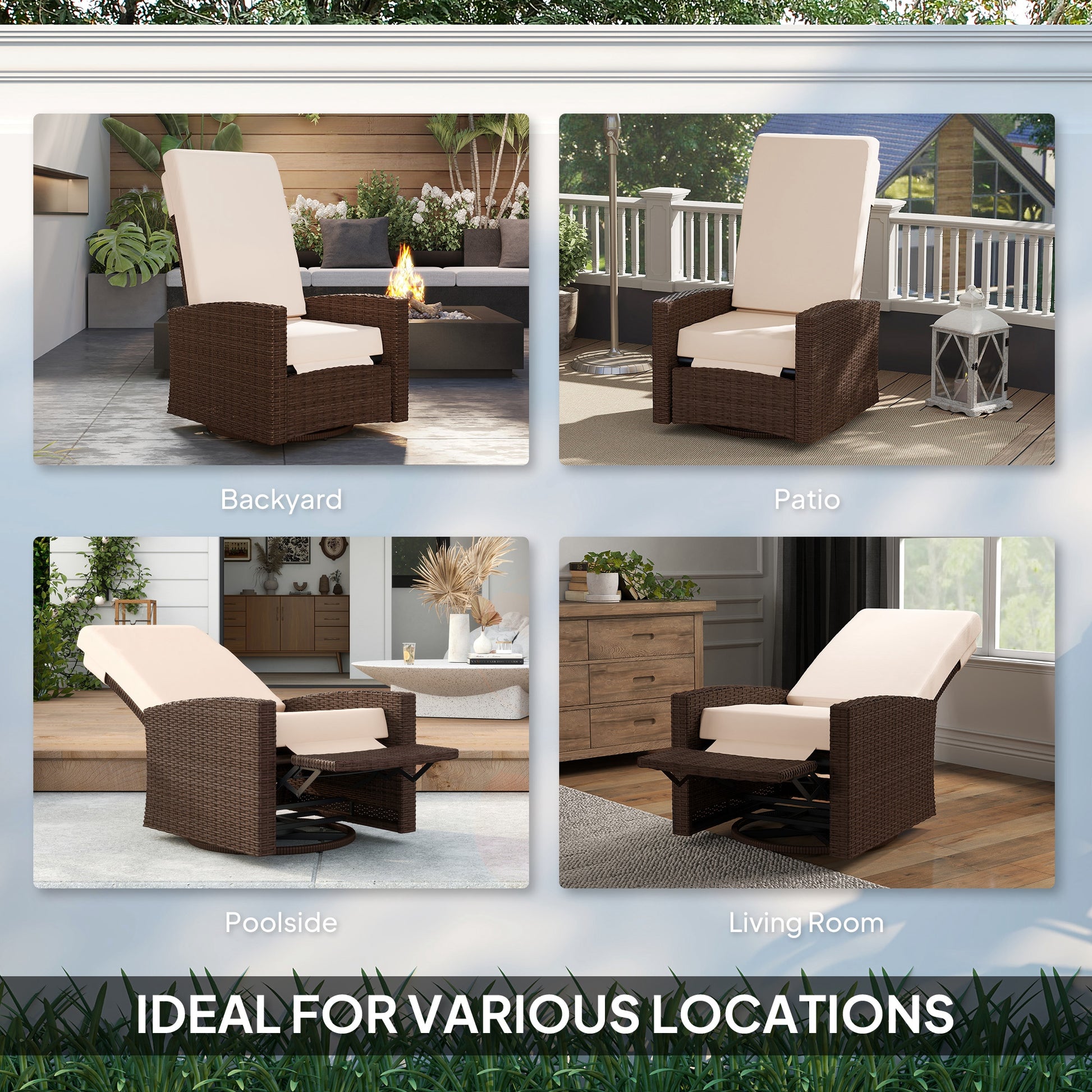 Outdoor Rattan Wicker Lounge Chair with Footrest & Soft Cushion for Patio, Garden, Backyard, Cream White