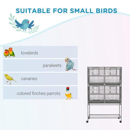 61"H Divided Breeder Bird Cage with Rolling Stand Removable Metal Tray, Storage Shelf, Wood Perch, and Food Container, Dark Grey