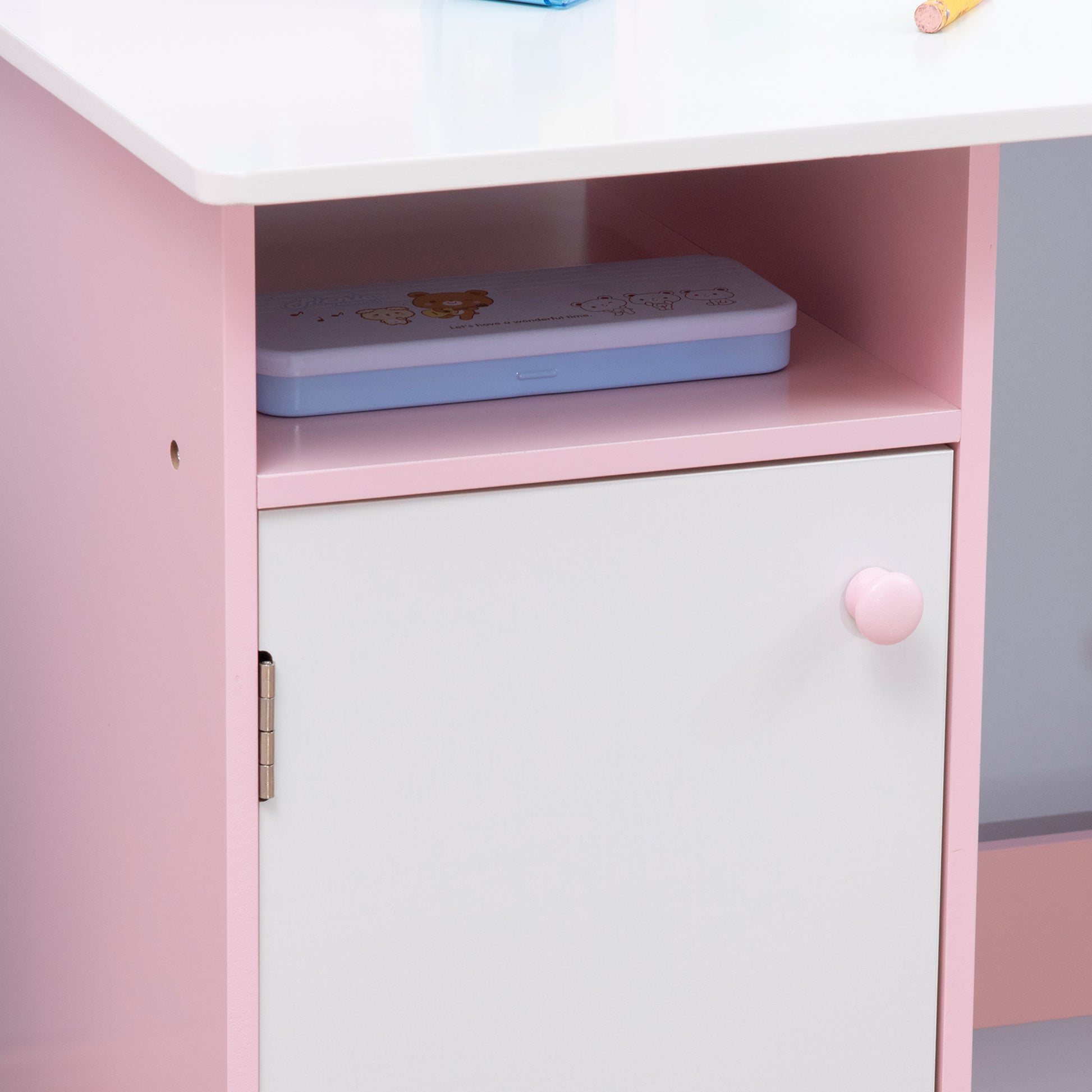 Qaba 2Pcs Kids Desk and Chair Set with Whiteboard, Storage, Shelves, Pink