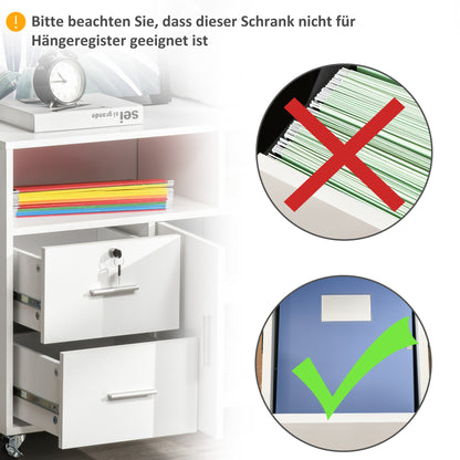 Lateral Filing Cabinet with Open Storage Shelf, Printer Stand Home Office Mobile File Cabinet with Wheels, Lockable Drawer, White