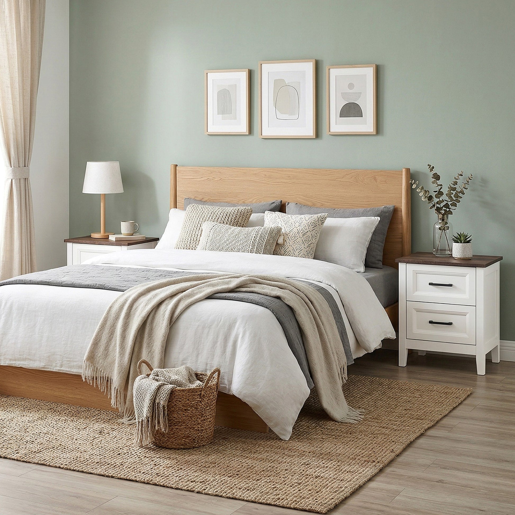Farmhouse Nightstand Set of 2, Bedside Tables with 2 Drawers, Wood-Effect Top, White
