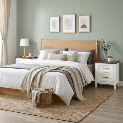 Farmhouse Nightstand Set of 2, Bedside Tables with 2 Drawers, Wood-Effect Top, White