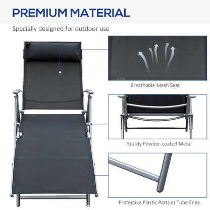 Heavy-duty Adjustable Folding Reclining Chair Outdoor Sun Lounger Patio Chaise Lounge Garden Beach Gravity Lounge with Pillow, 7 Adjustable Backrest Positions, Black