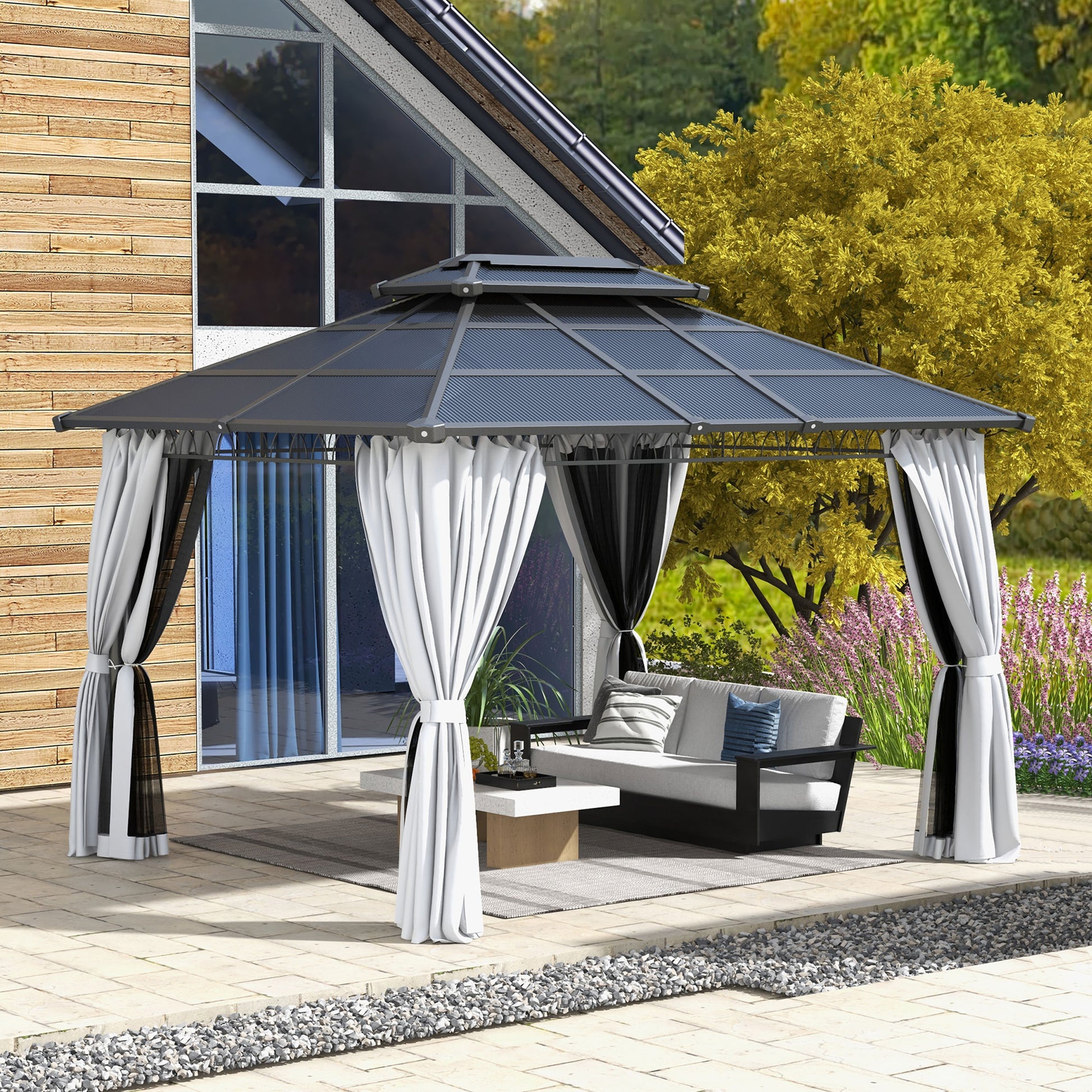 10' x 12' Outdoor Hardtop Gazebo Canopy w/ Double PC Roof, Steel Frame, Nettings, Curtains for Garden Lawn Deck, Grey