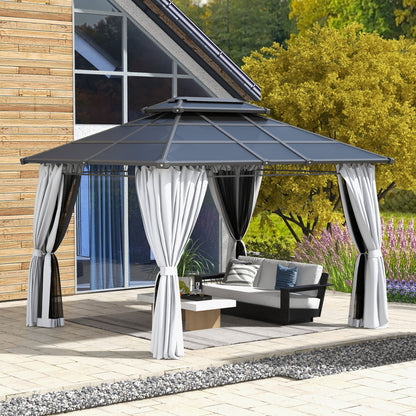 10' x 12' Outdoor Hardtop Gazebo Canopy w/ Double PC Roof, Steel Frame, Nettings, Curtains for Garden Lawn Deck, Grey