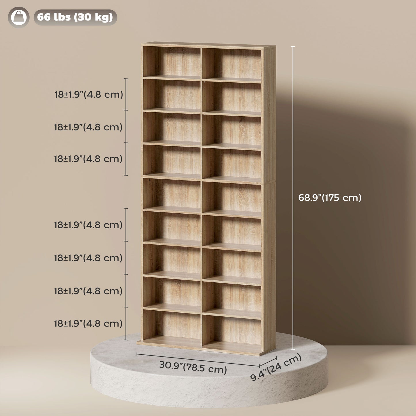 9-Tier DVD Shelf with 18 Compartments and 14 Adjustable Shelves, Holds 640 CDs, 360 DVDs or 430 Blu-rays, Natural Wood