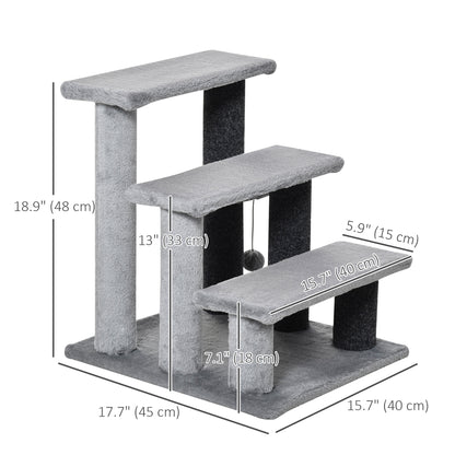 Cat Stairs for Bed, Couch 3 Steps, Small Cat Tree for Indoor Cats with Scratching Posts Toy Ball, 17.5" x 15.5" x 19"