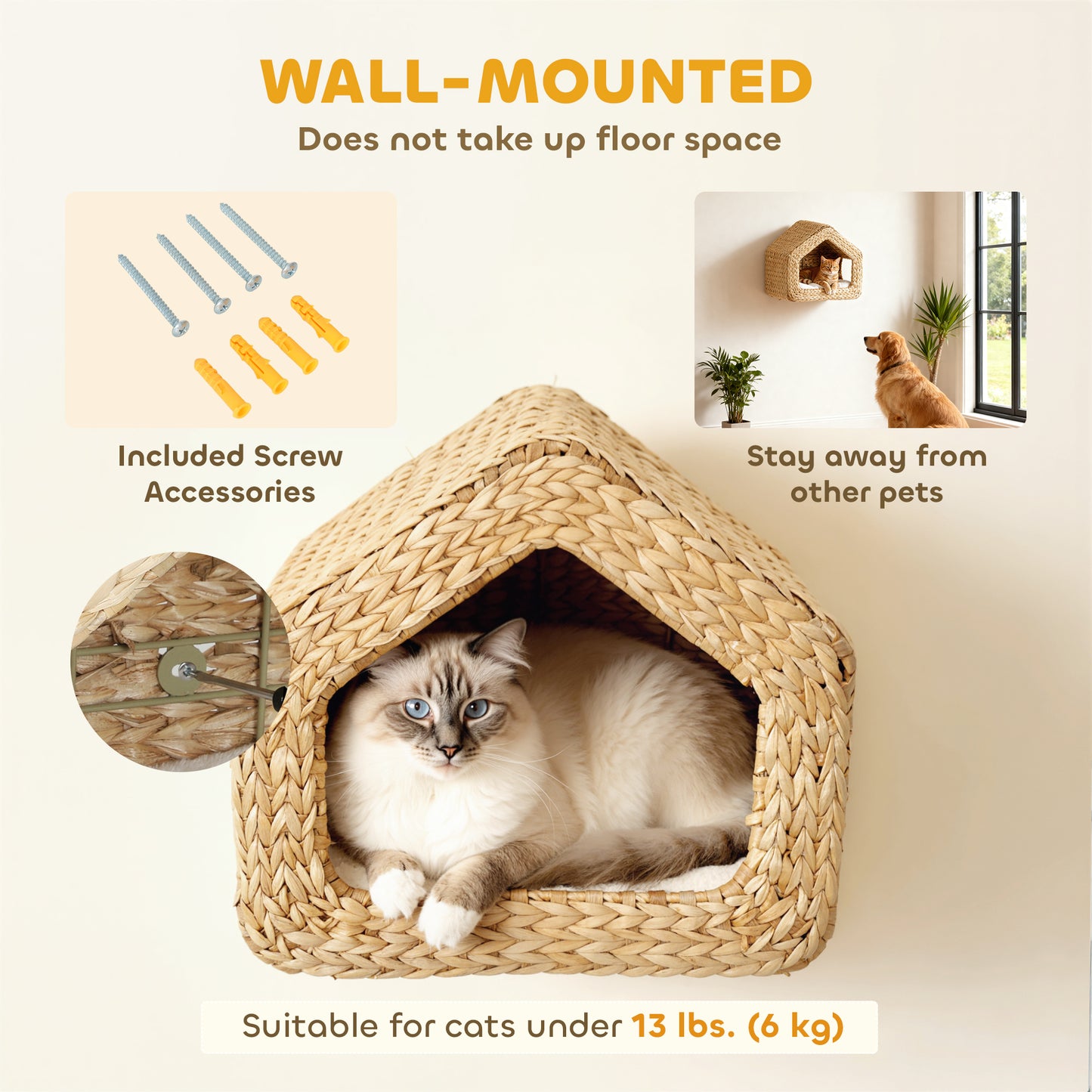 Cat Wall Shelf, Wall Mounted Cat House with Washable Cushion, Kitty Shelf Furniture for Indoor Kittens, Natural