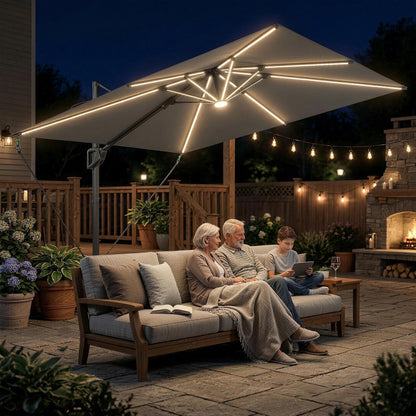 10 x 9.7 ft Offset Cantilever Patio Umbrella with Lights, Wind Rope, UPF50+ Outdoor Cantilever Parasol, Dark Grey