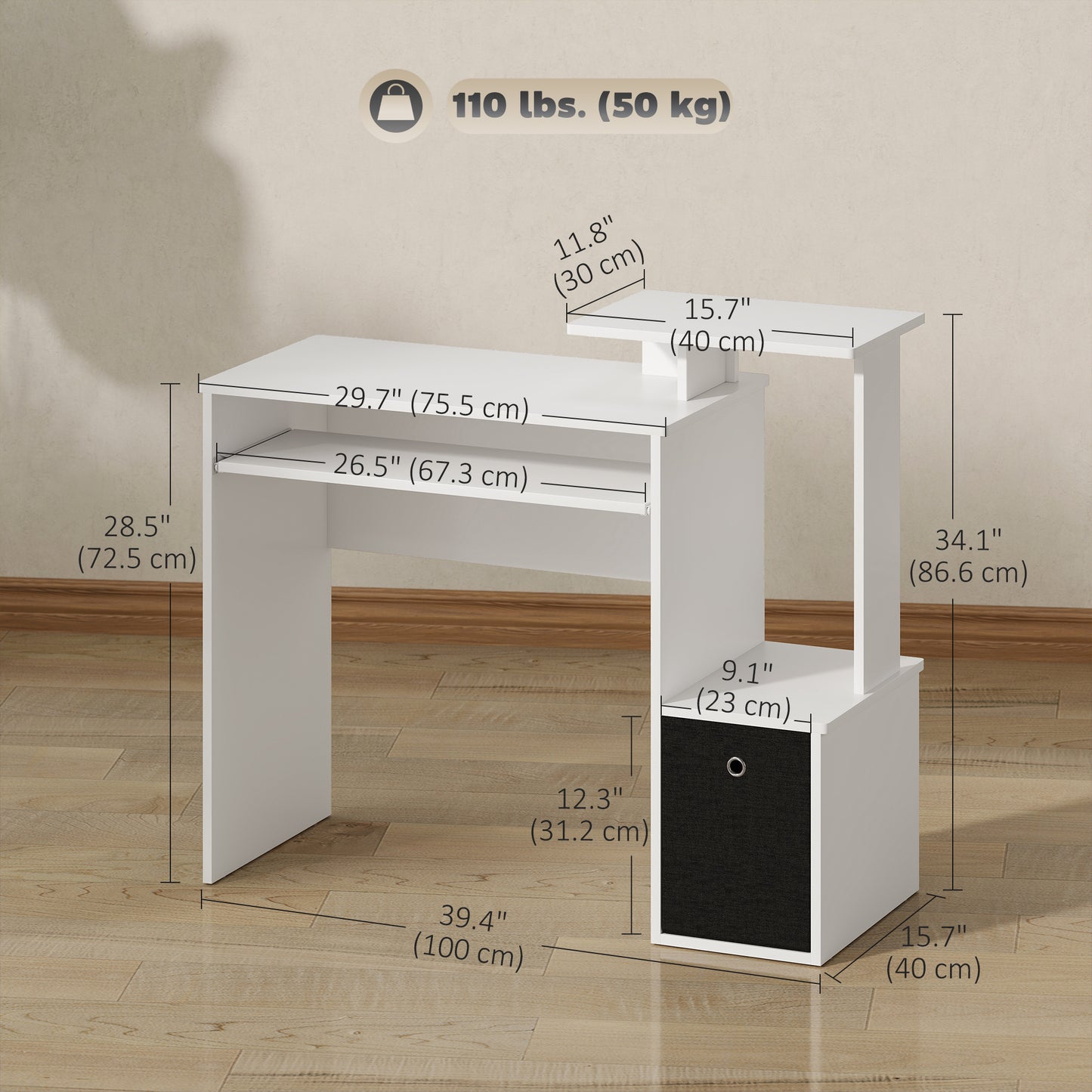 Computer Desk with Sliding Keyboard Tray Storage Drawer Shelf Home Office Workstation White