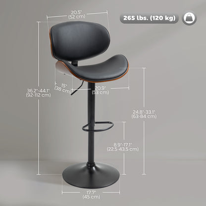 Bar Stools Set of 2, Modern PU Leather Adjustable Swivel Barstools with Curved Back, Footrest and Steel Base, Black
