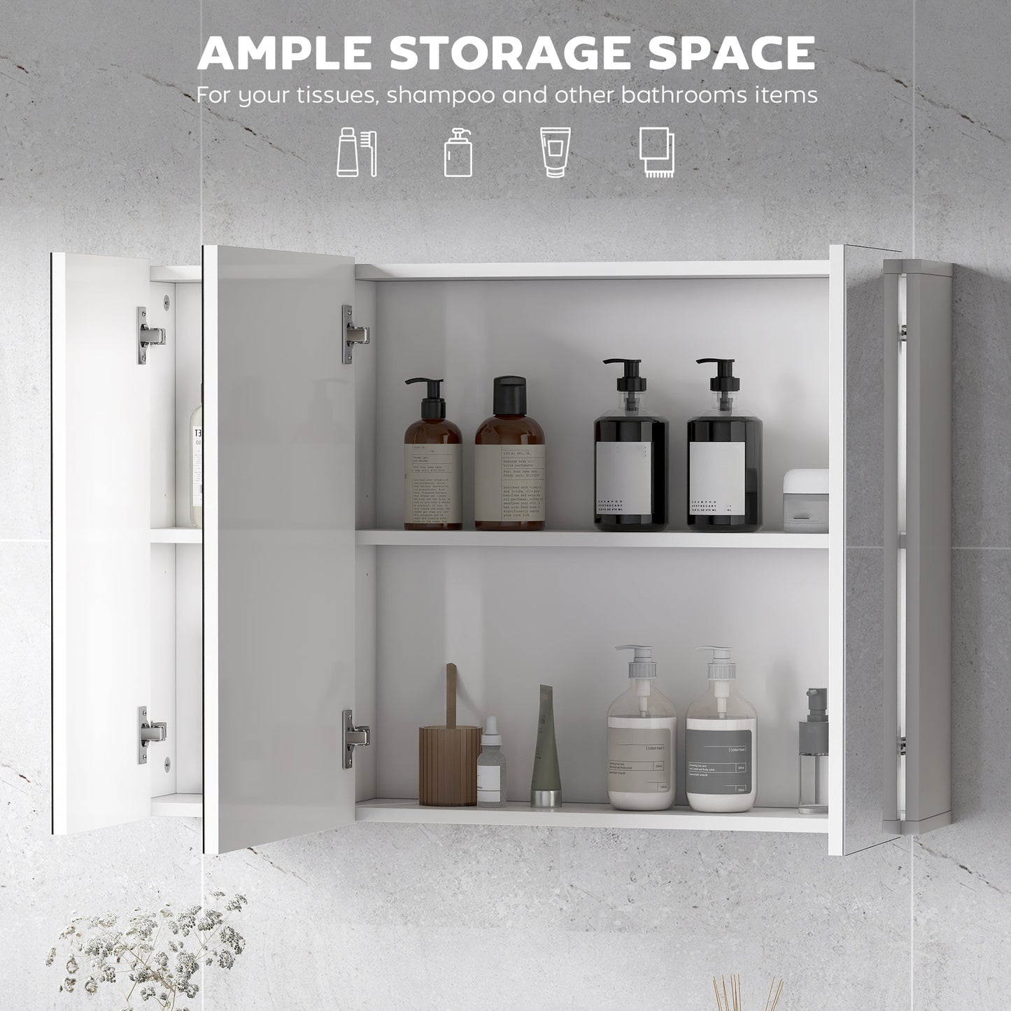 35" x 24" Wall Mounted Mirror Cabinet, Bathroom Medicine Cabinet with Mirror, 3 Doors and Adjustable Shelves, White