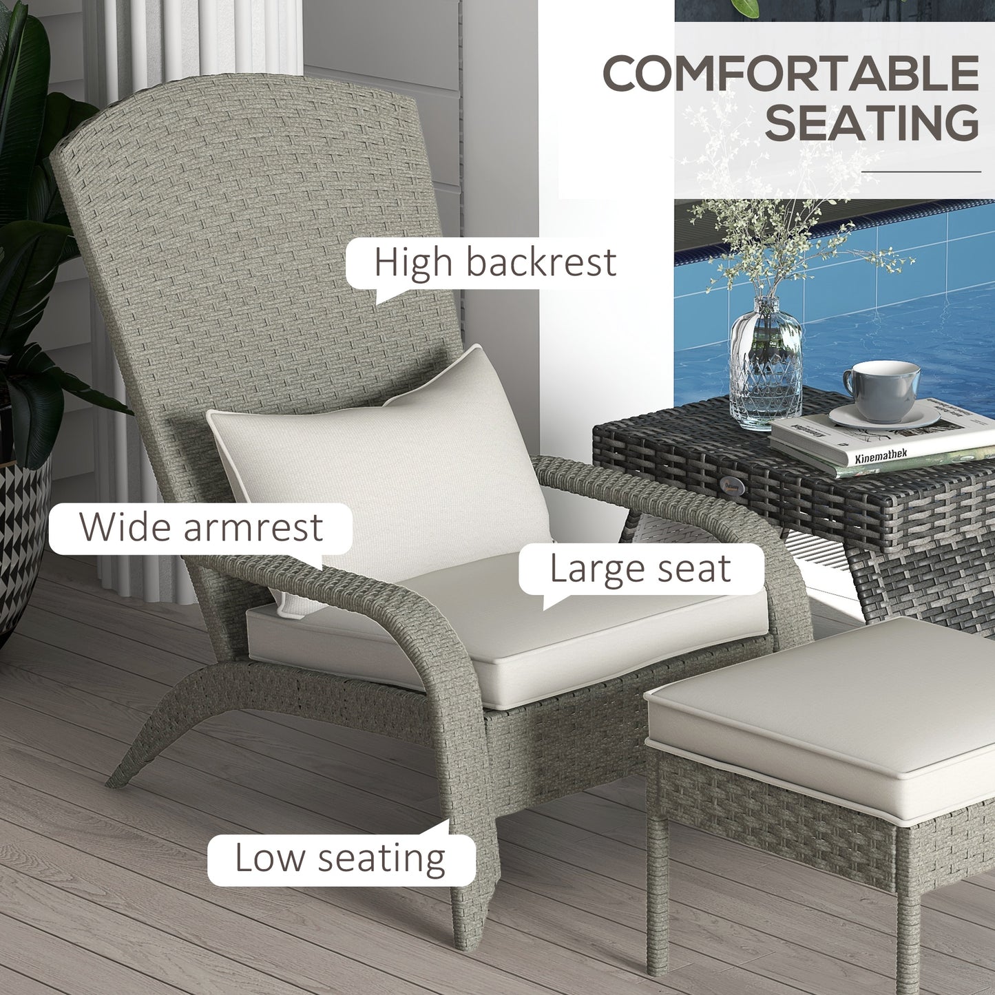 Wicker Adirondack Chair with Ottoman, Patio Cushioned Muskoka Chair, Outdoor Fire Pit Chair with High-back and Armrests, for Deck, Garden, Backyard, Grey/Cream White