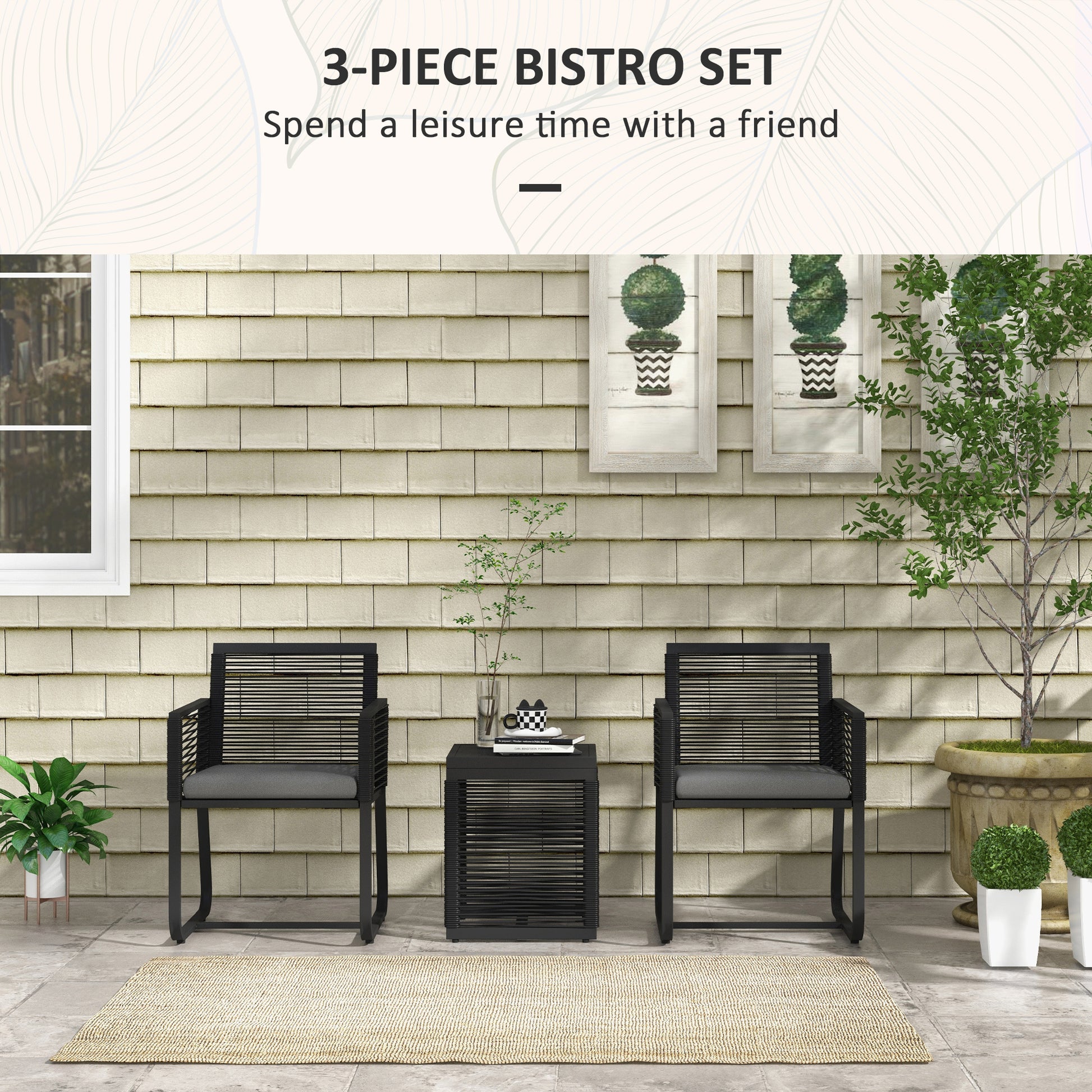 3 Pieces Patio Furniture Outdoor PE Rattan Bistro Set w/ Seat Cushions Tempered Glass Table for Garden Backyard, Black