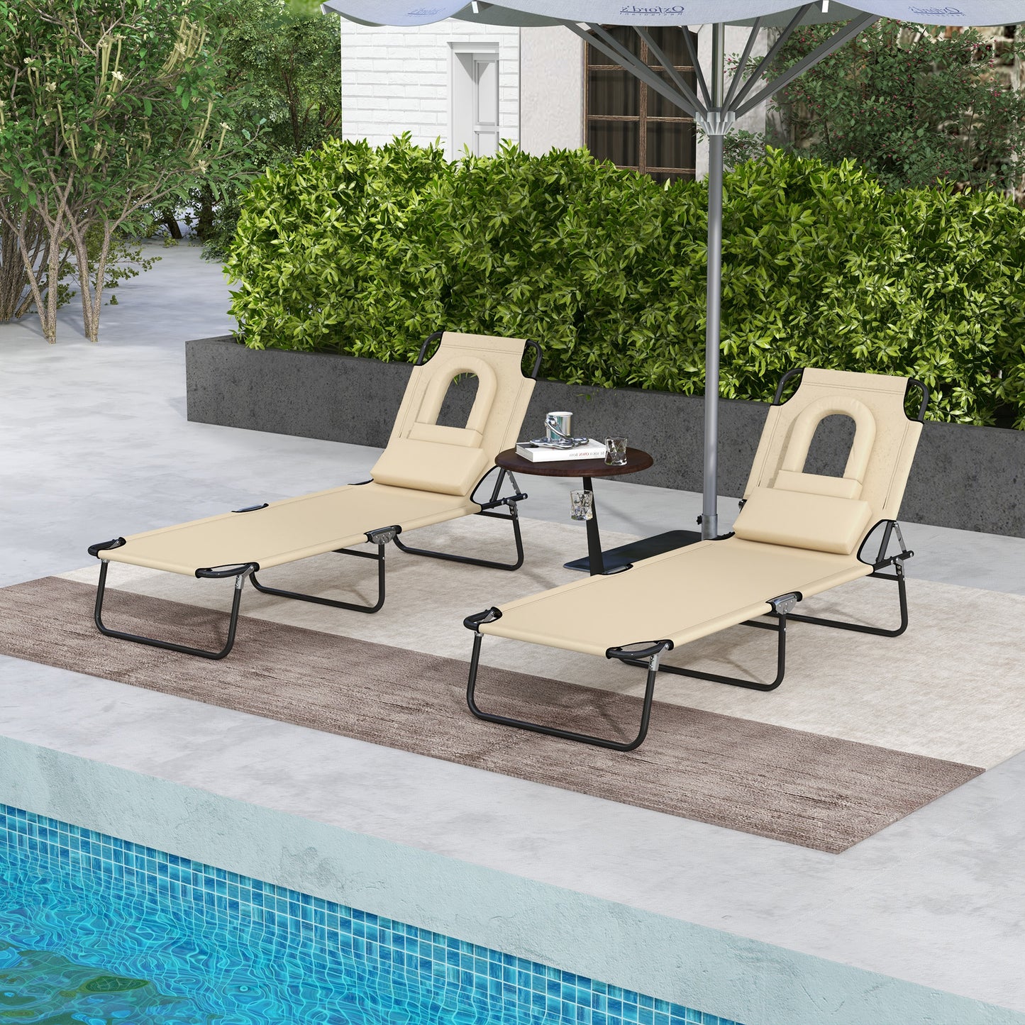 Folding Lounge Chair Set of 2, Reclining Beach Tanning Chair with Face Hole, Pillow, 4-Position Adjustable Flat Sun Lounger, Steel Frame for Outdoor Patio Pool, Beige