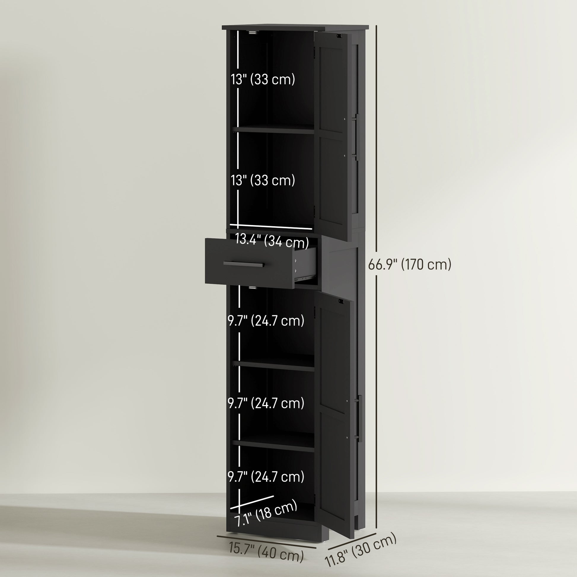 67" Tall Bathroom Cabinet, Narrow Bathroom Storage Cabinet with Drawer, Barn Doors and Adjustable Shelves, Black