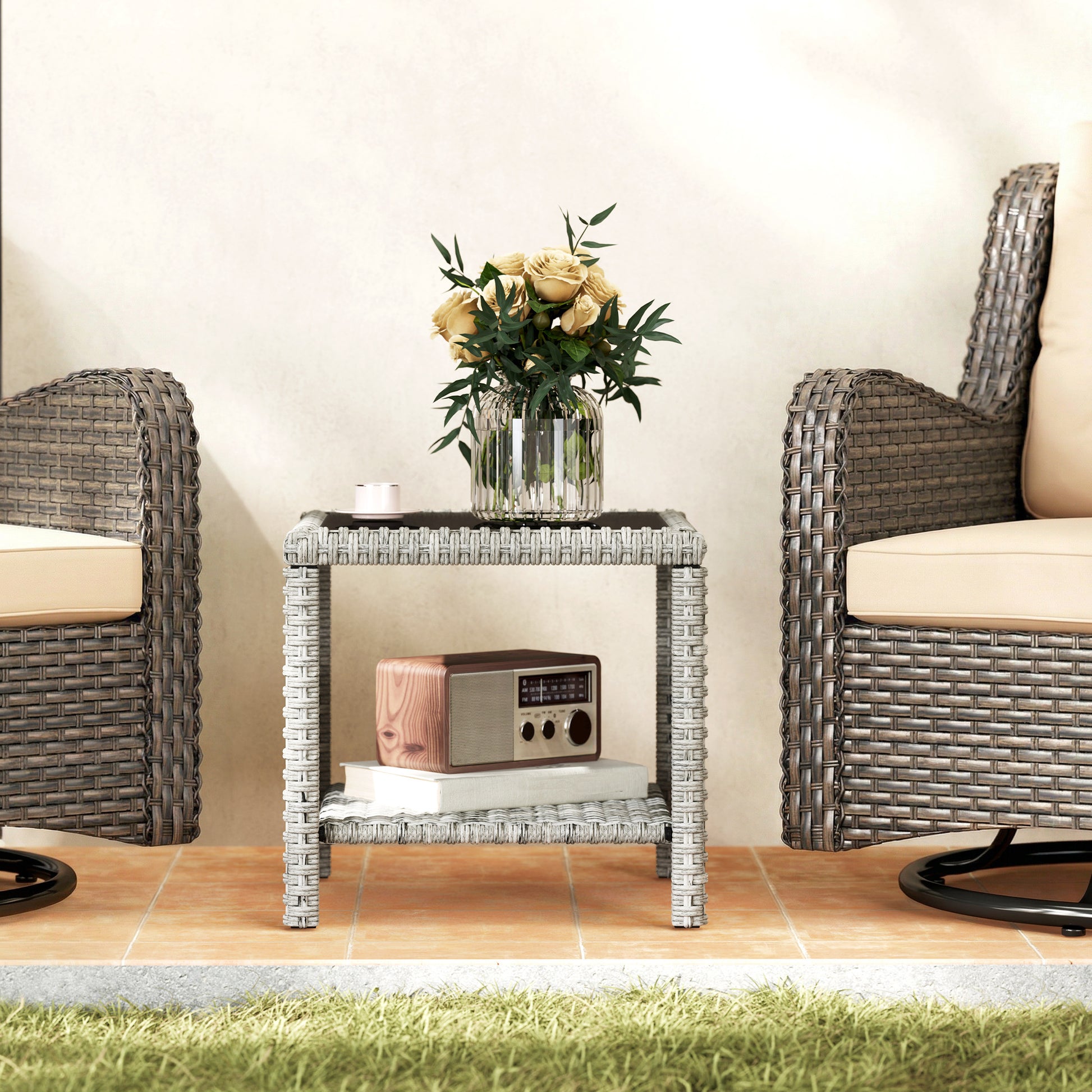 19" Outdoor Wicker Coffee Table with Glass Top, Storage Shelf for Garden Porch Balcony Deck, Dark Grey
