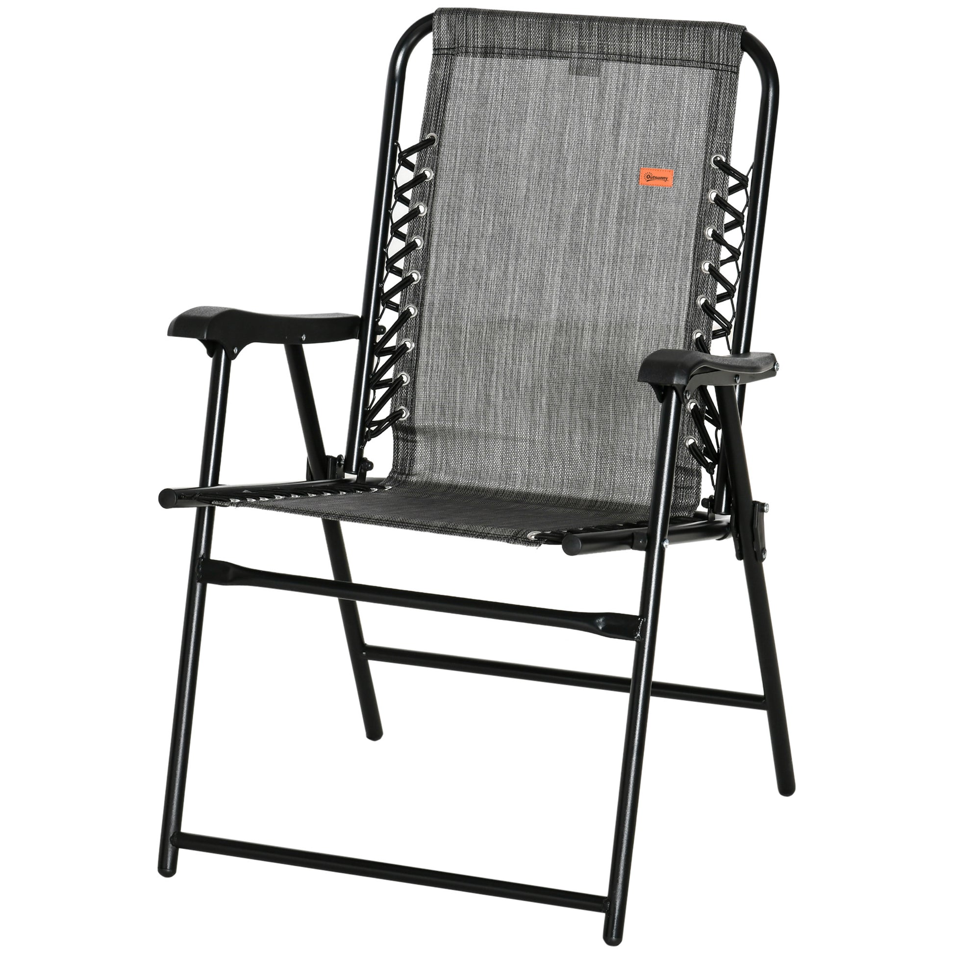 Outdoor Folding Chair, Bungee Sling Foldable Patio Dining Chair with Armrests, Folding Lawn Chair for Camping, Garden, Pool, Beach, Backyard, Grey