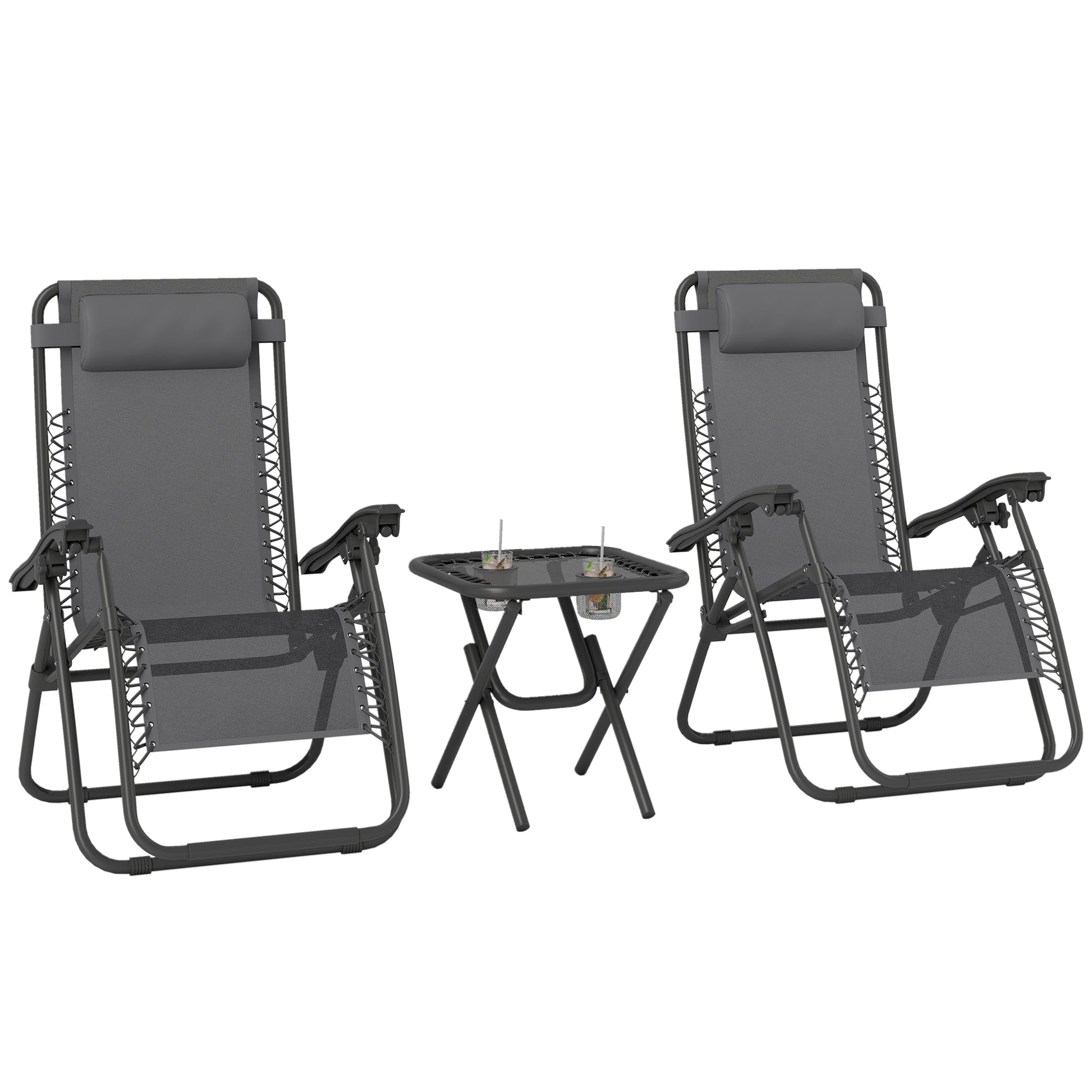 Zero Gravity Chair Set of 2 Patio Chair with Side Table Cupholders and Pillows for Pool, Backyard, Lawn, Beach, Grey