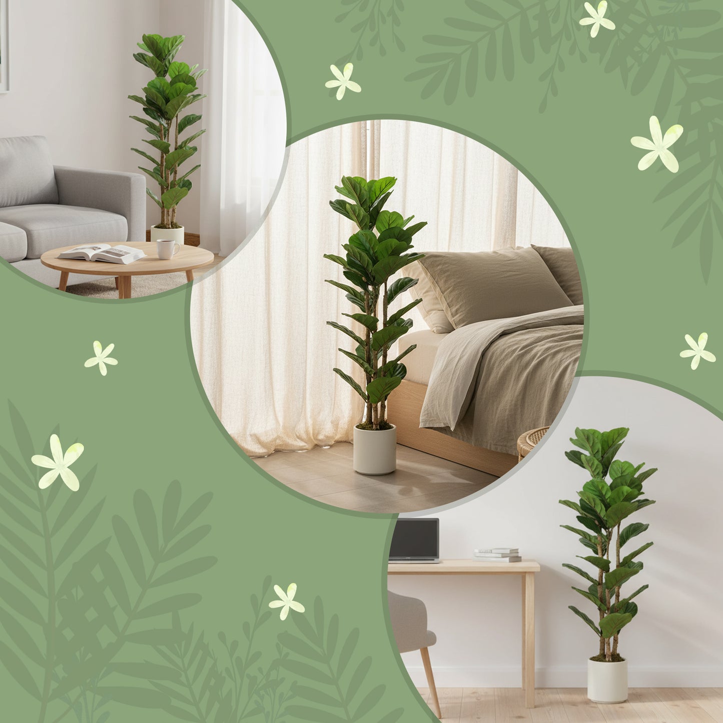 4FT Artificial Fiddle Leaf Fig Tree Set of 2, Fake Potted Tree with Solid Wood Trunks for Indoor Decor, Green