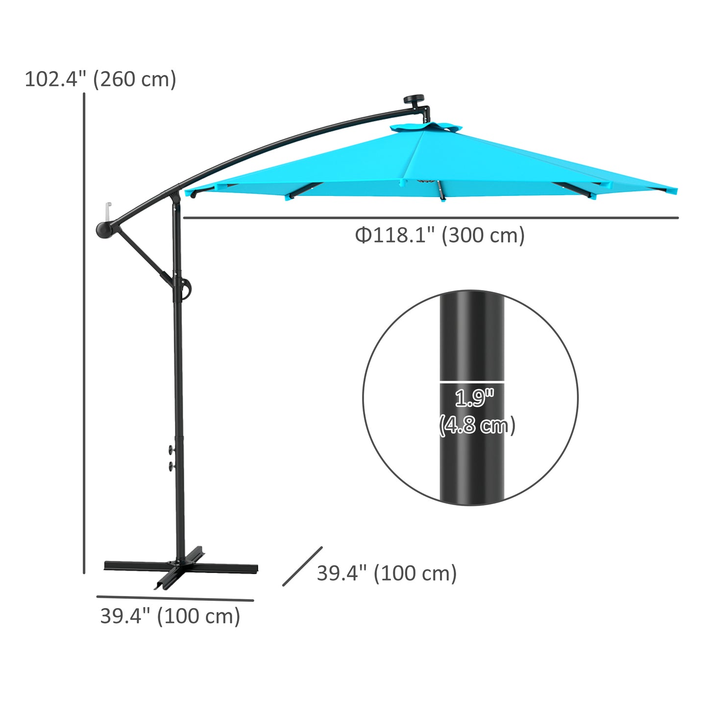 10ft Outdoor Cantilever Umbrella Banana Umbrella with Solar Lights and Adjustable Angle for Patio Backyard Turquoise