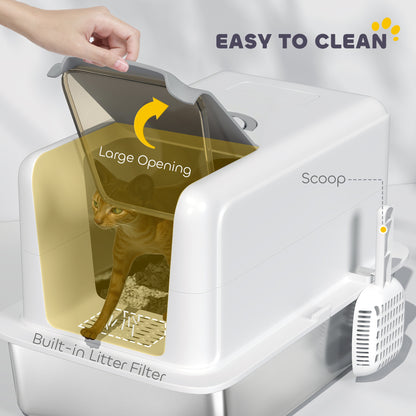 Stainless Steel Cat Litter Box w/ Removable Lid & Scoop, for Small to Large Cats, Easy to Clean, White