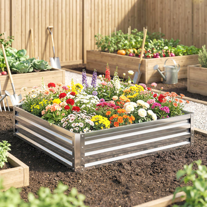 4' x 4' x 1' Galvanized Raised Garden Bed, Outdoor Metal Planter Box with Open Bottom, Square Raised Garden Box for Vegetables, Flowers, Herbs, Silver