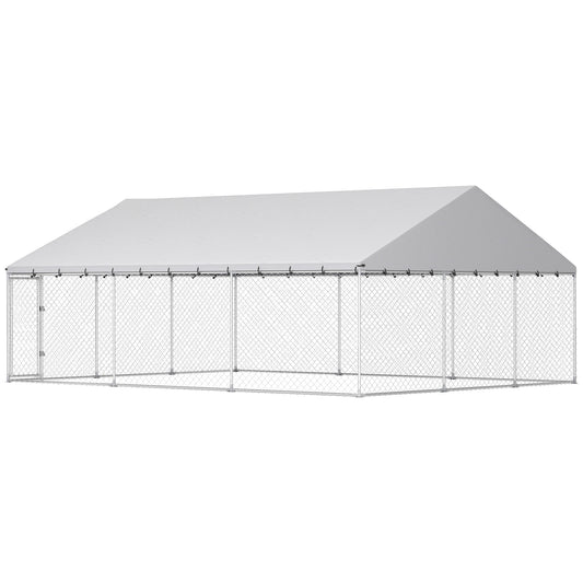 Galvanized Steel Outdoor Dog Kennel with Roof, Safety Locks, for Backyard, 19.7' x 14.8' x 7.9'