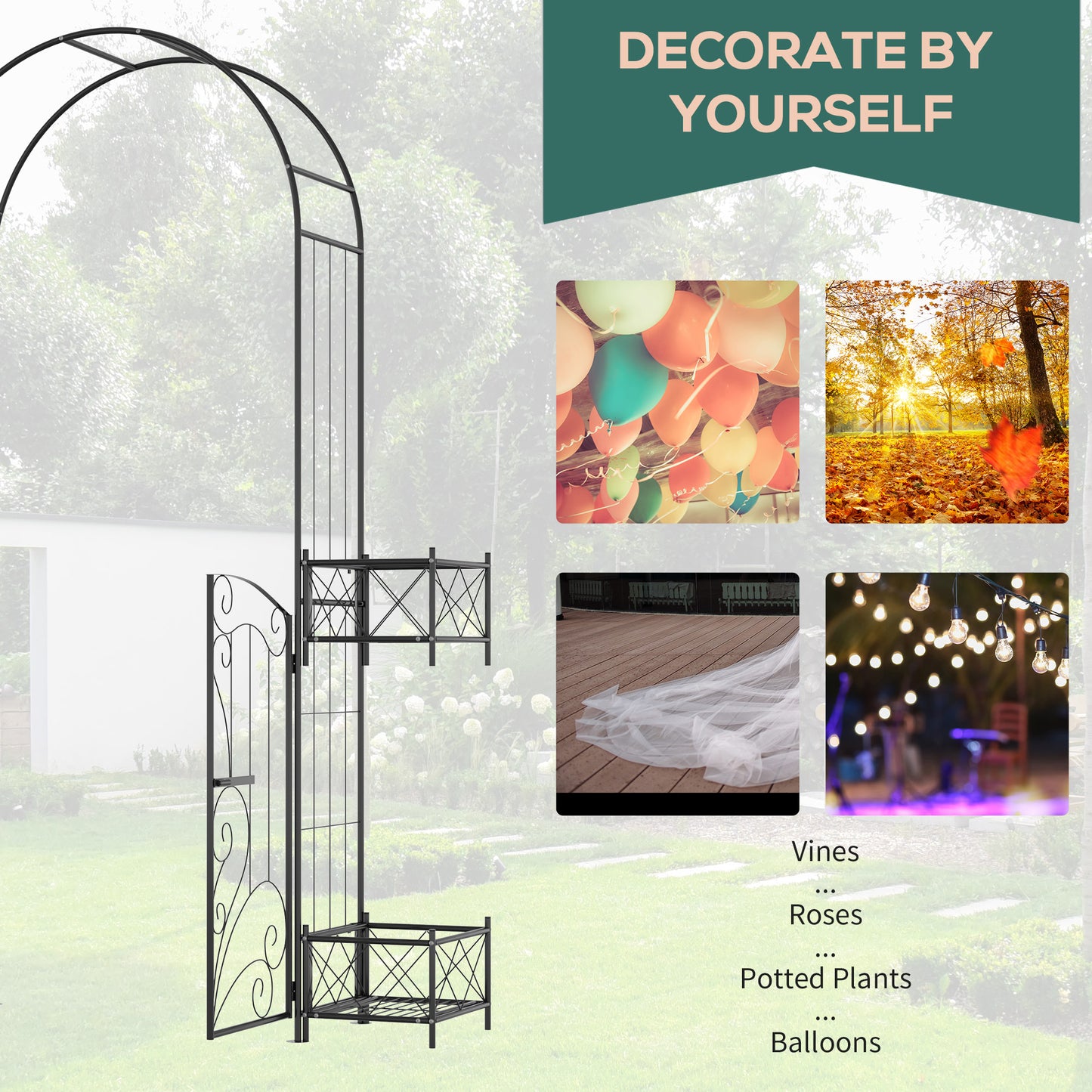 7.1FT Metal Garden Arch with Gate and 4 Planter Boxes, Garden Arbor Trellis for Climbing Plants, Outdoor Wedding, Decoration, Bridal Party, Black