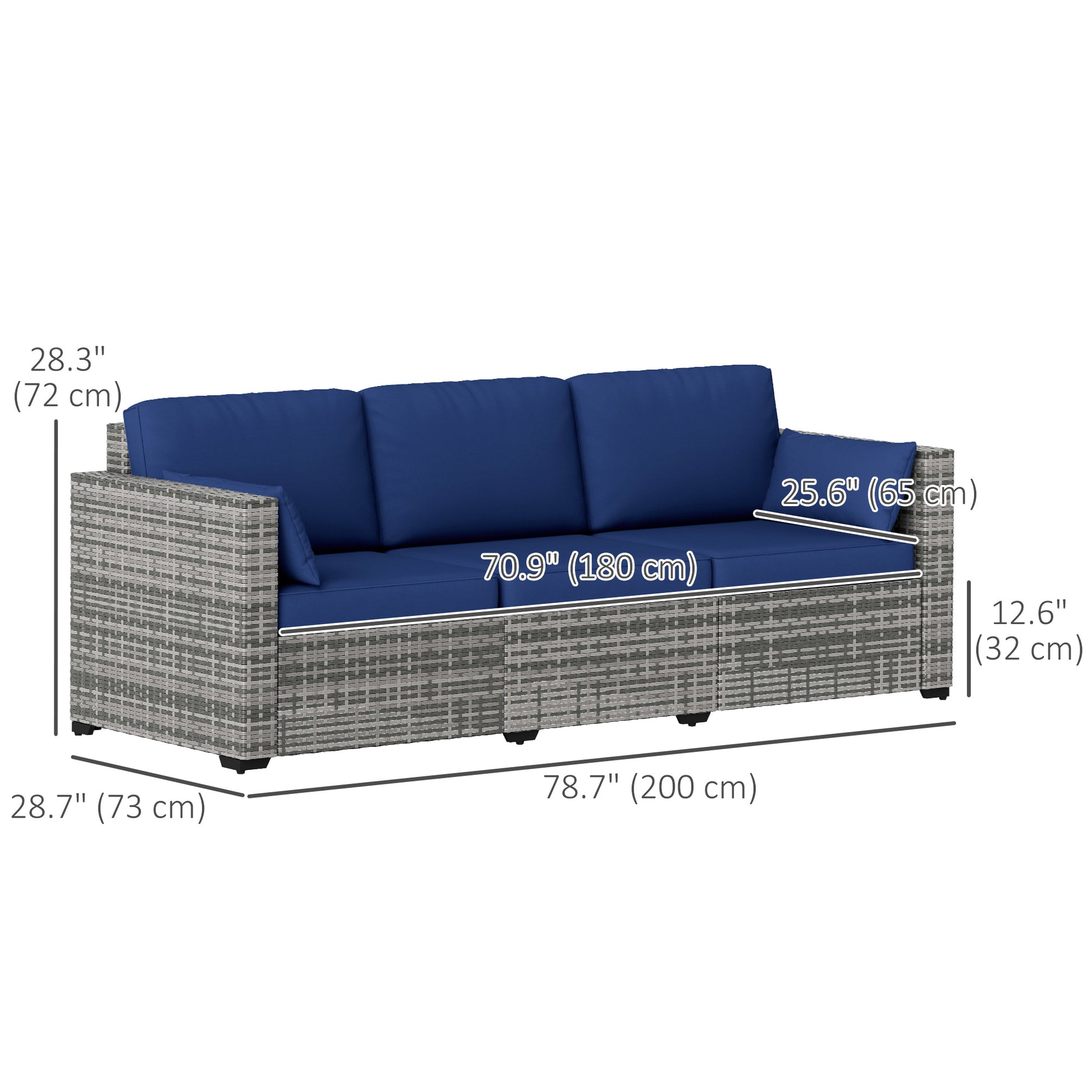 3-Seater Outdoor Sofa with Cushions, PE Rattan Conversation Patio Couch with Pillows for Garden, Poolside, Dark Blue
