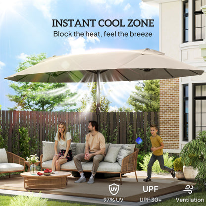 15' Outdoor Patio Umbrella with Twin Canopy Sunshade Steel Table Umbrella with Lift Crank, Cross base, Sandbag, Khaki