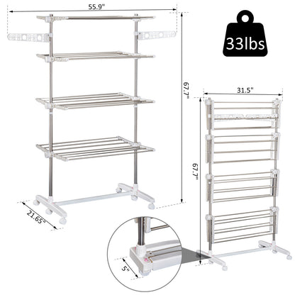 4 Layers Folding Laundry Rack Stand Dryer Storage Towel Rack Rolling