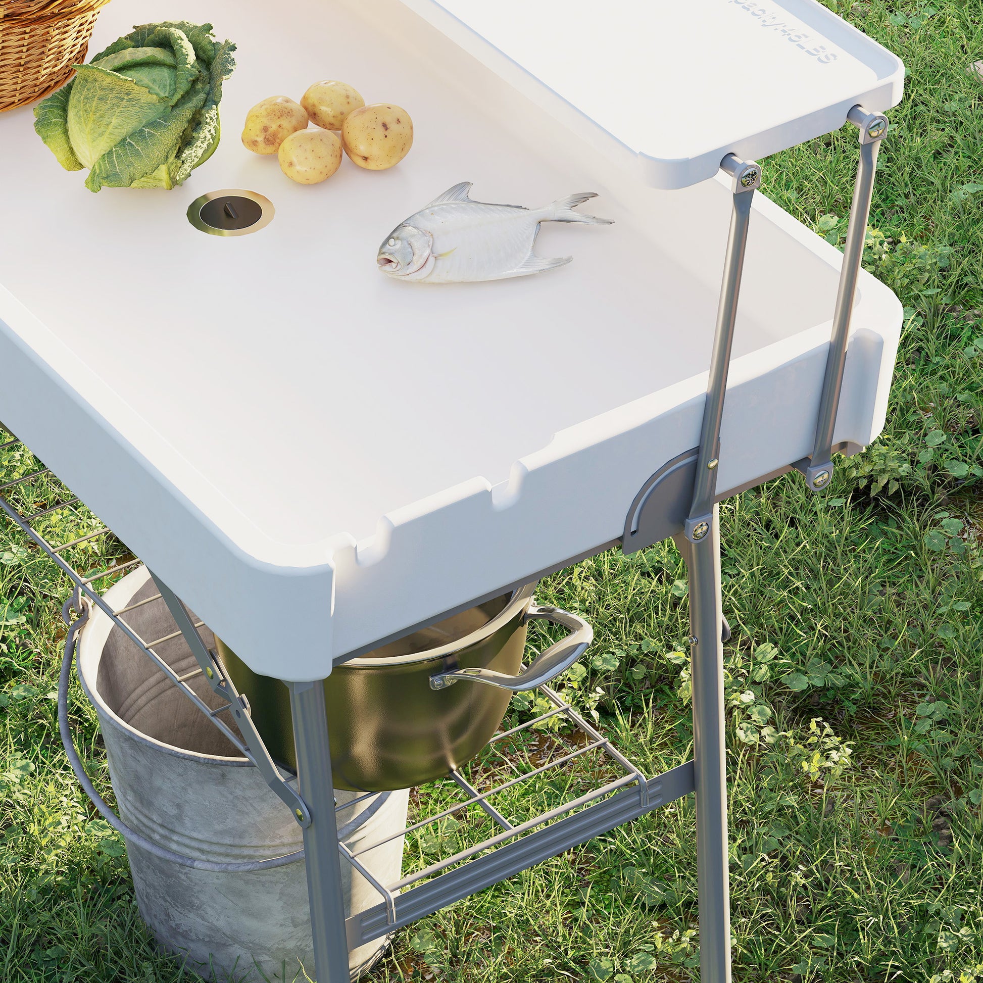 3.5ft Folding Ice Cooler Table with Drain, 2-Tier Outdoor Patio Party Cooler, Fishing Cleaning Table with Storage Shelf for Picnic BBQ Camping Wedding, White