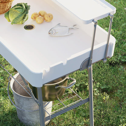 3.5ft Folding Ice Cooler Table with Drain, 2-Tier Outdoor Patio Party Cooler, Fishing Cleaning Table with Storage Shelf for Picnic BBQ Camping Wedding, White