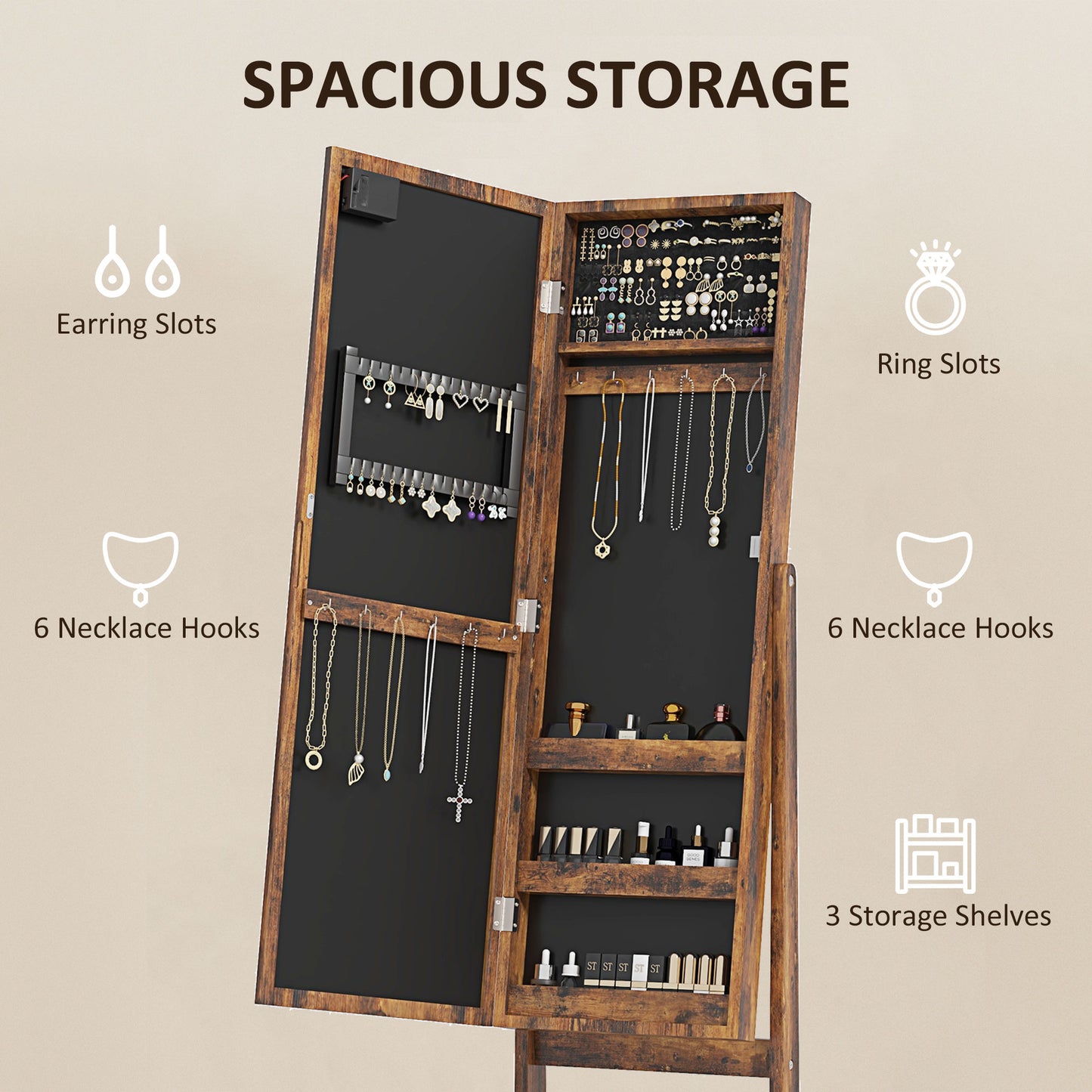 Free Standing Armoire Organizer, Lighted Mirrored Jewelry Cabinet w/ Angle Adjustable & 16 LED Lights Rustic Brown