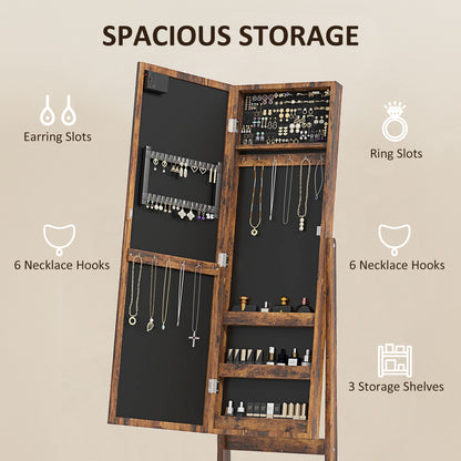 Free Standing Armoire Organizer, Lighted Mirrored Jewelry Cabinet w/ Angle Adjustable & 16 LED Lights Rustic Brown