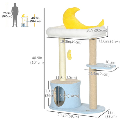 Moon Cat Tower for Indoor Cats with Teddy Fleece House Bed Scratching Post Hanging Toy Star Platform 41" Blue