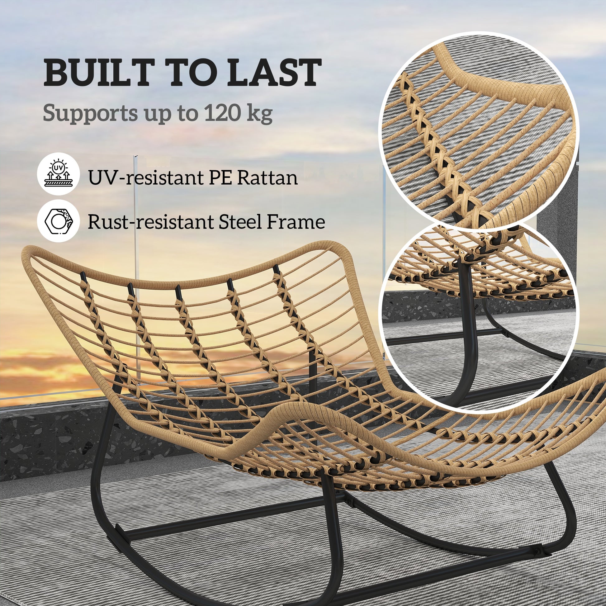 Oversized Rattan Patio Egg Chair, Outdoor Rocking Chair with Padded Cushion for Indoor, Porch, Cream White