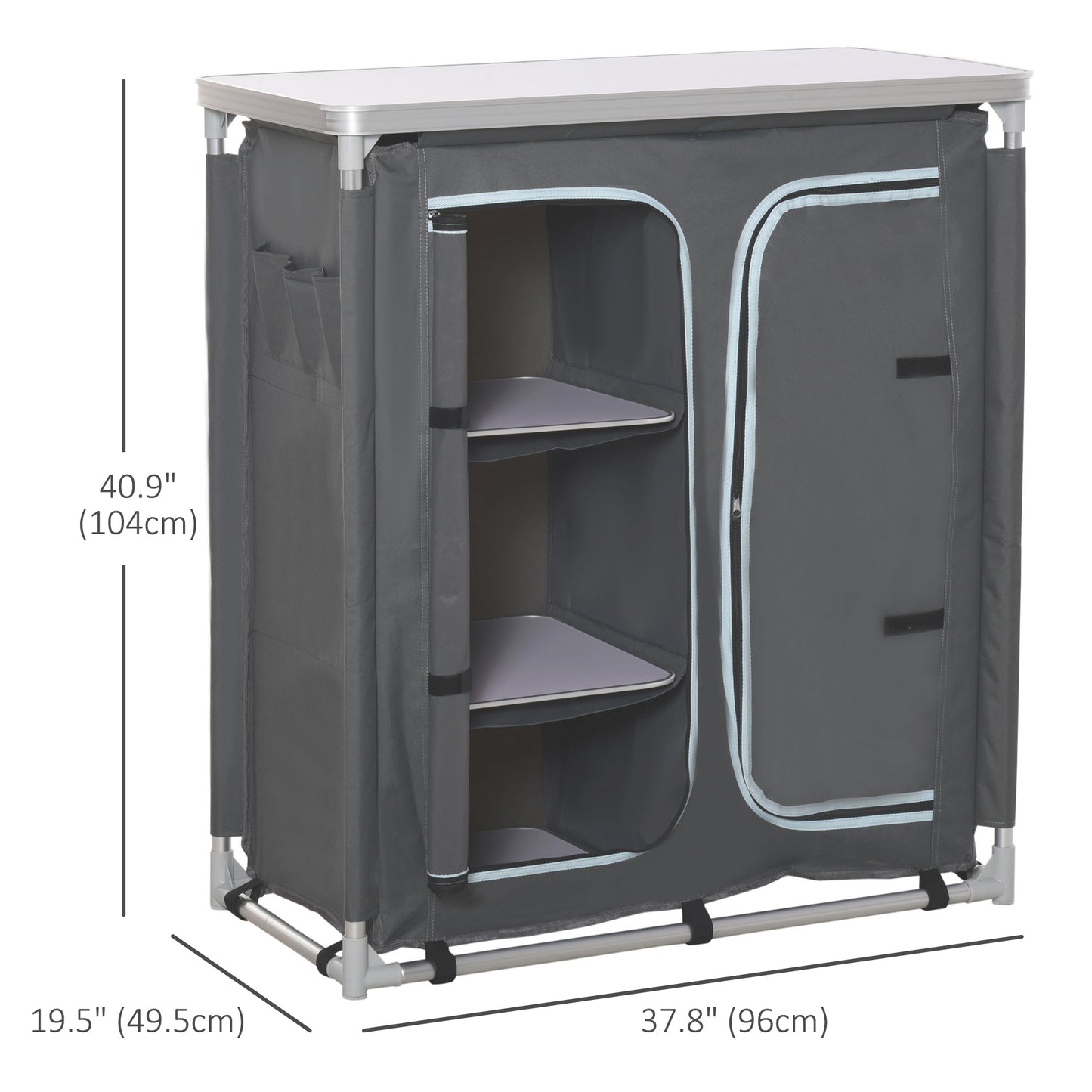 Aluminum Camping Table, Camping Kitchen Station Cook Cupborad with 3-Shelf, Storage Organiser for BBQ Party Picnic Grey