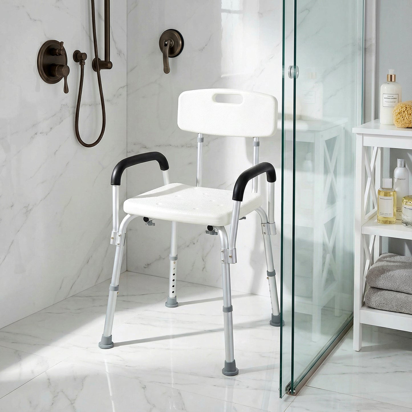 Adjustable Medical Shower Chair with Back, Bathtub Bench Bath Seat with Padded Arms, Non Slip Tub Safety for Disabled, Seniors, Elderly