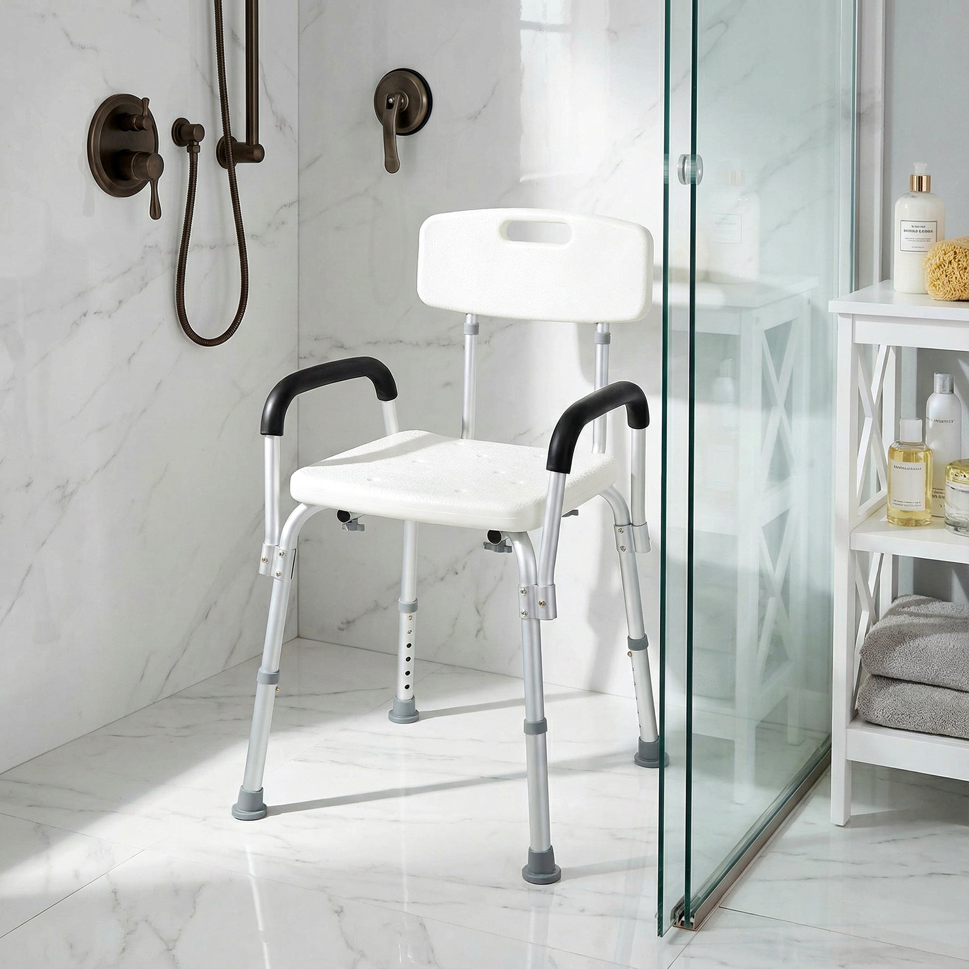 Adjustable Medical Shower Chair with Back, Bathtub Bench Bath Seat with Padded Arms, Non Slip Tub Safety for Disabled, Seniors, Elderly