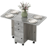 Drop Leaf Dining Table, Mobile Folding Table on Wheels with Drawers and Cabinet for Dining Room, Kitchen, Grey