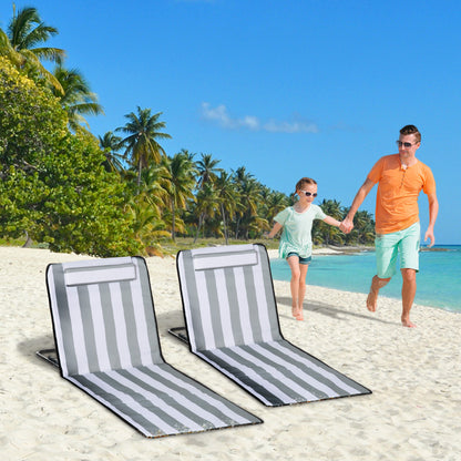 2 Pieces Beach Lounge Chair, Outdoor Folding Chaise Lounge Set w/ Pillow for Sunbath, Snap, Light Grey and White