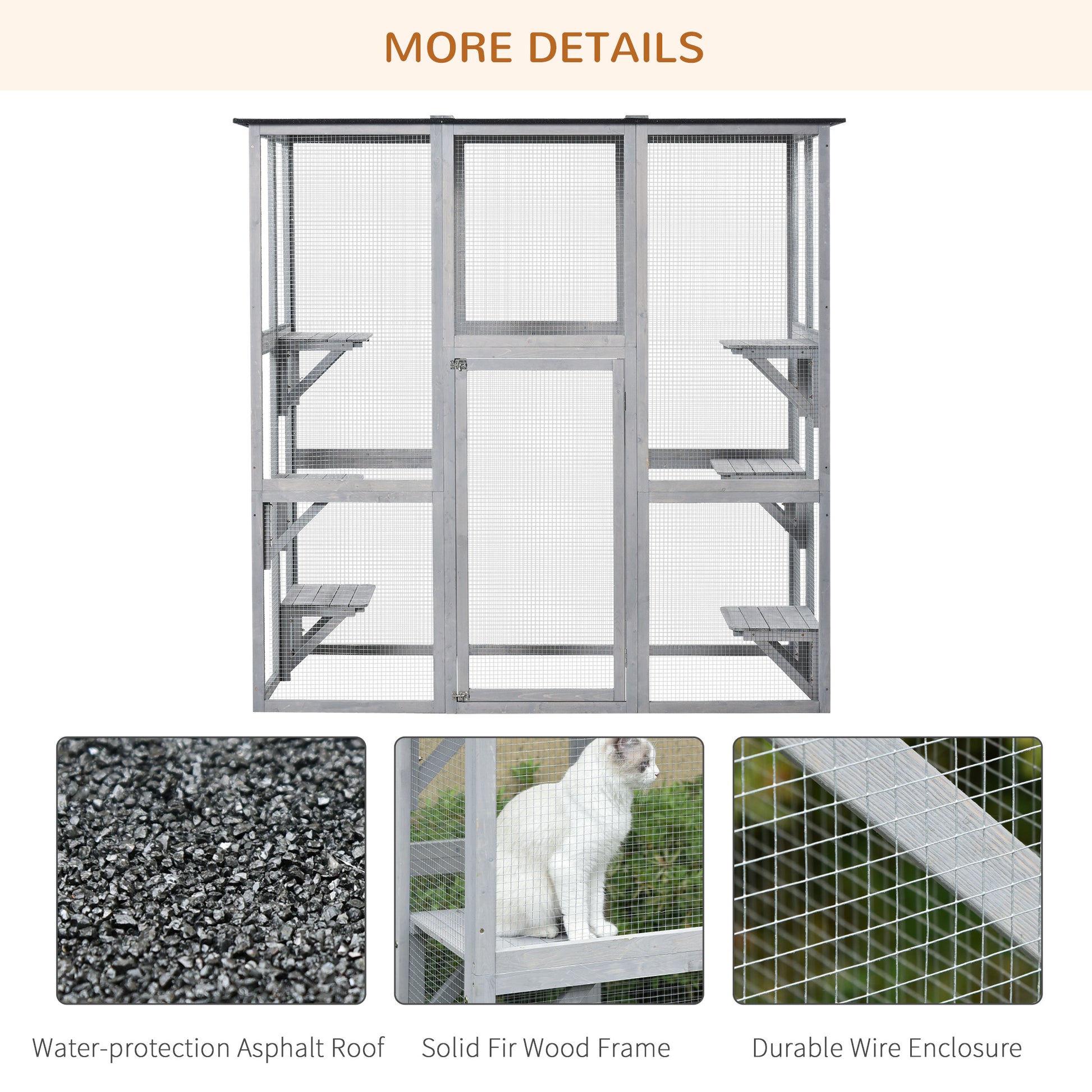 Large Outdoor Catio Enclosure, Weatherproof Cat House with Asphalt Roof, Wooden Cat Patio Cage with 6 Balanced Platforms, 71" x 39" x 71", Grey
