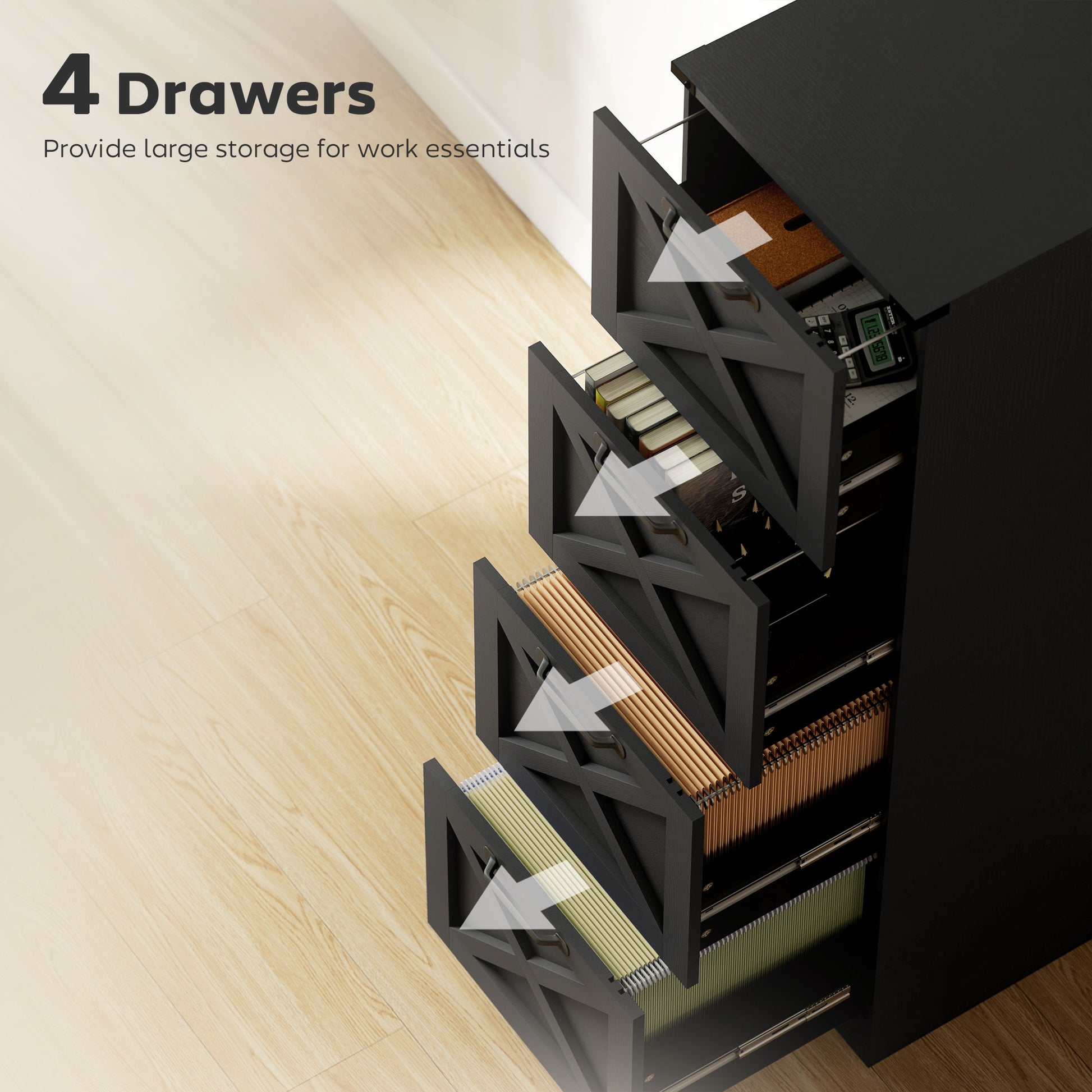 4 Drawer File Cabinet with Silent Slides, Vertical Farmhouse Filing Cabinet Fits Letter/A4 Size Home Office, Black