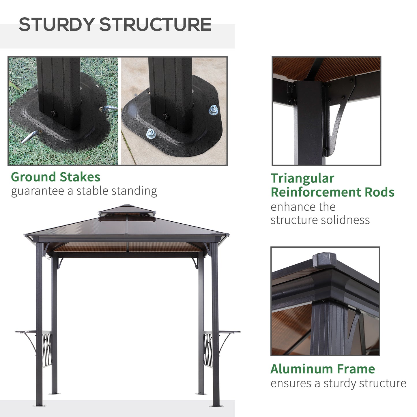 Outdoor Hardtop Grill Gazebo Cooking BBQ Canopy w/ 6 Hooks for Utensils and Double Vented PC Roof, Coffee